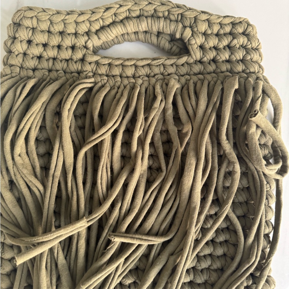 Handwoven Fringe Tote Bag in Olive Green - Picture 3 of 4